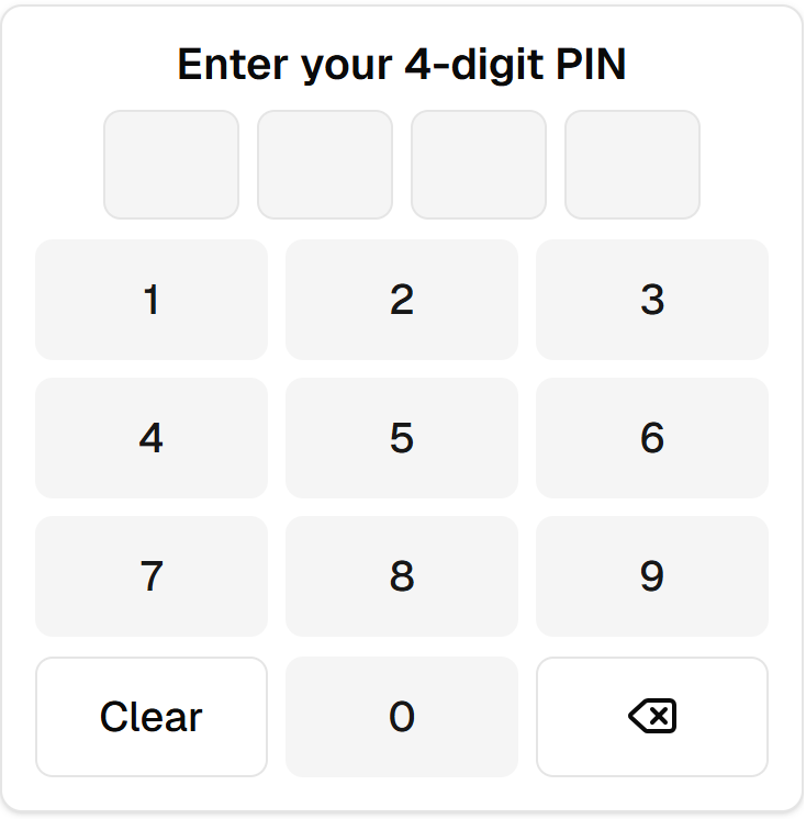 Clockneo shared-device kiosk with an empty PIN field and numeric keypad.